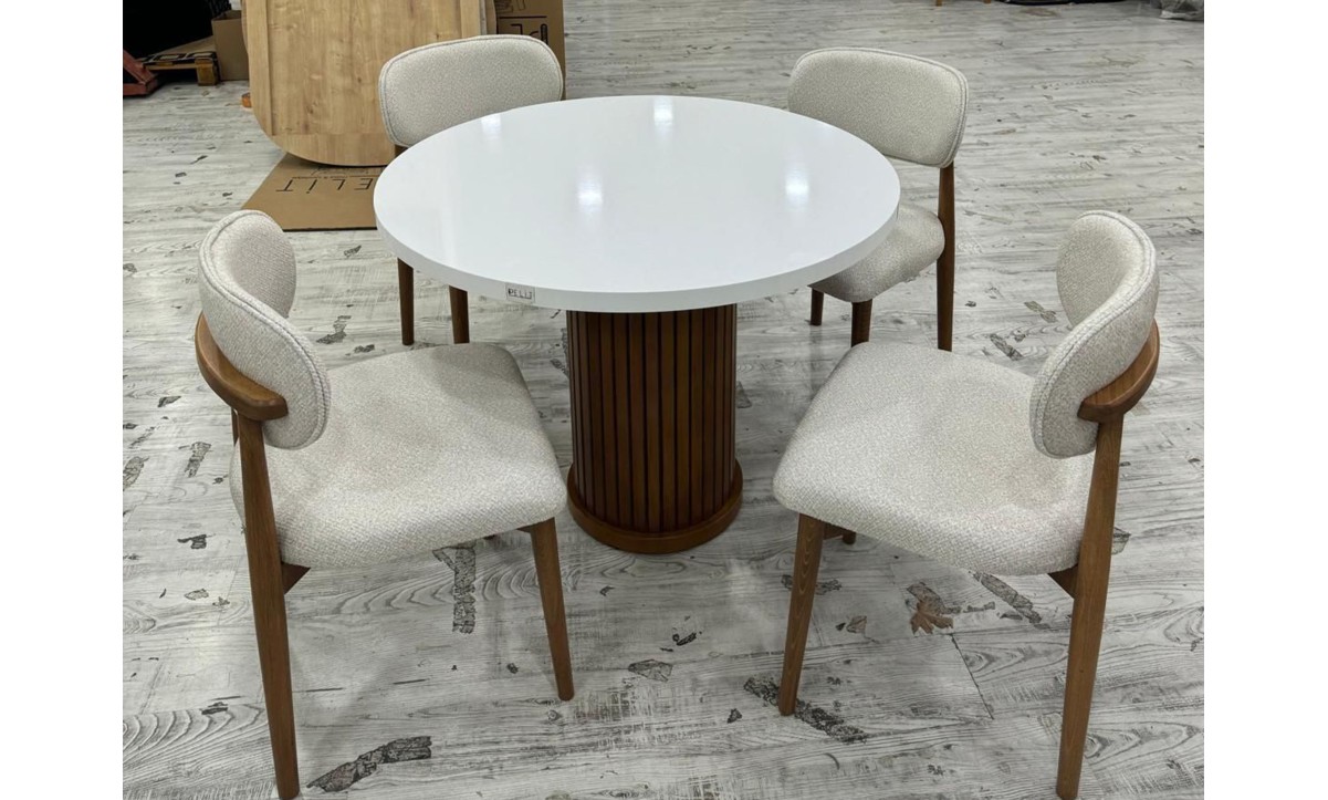 410 Royal Yuvarlak Masa Takımı - Beyaz/Ceviz Ayak